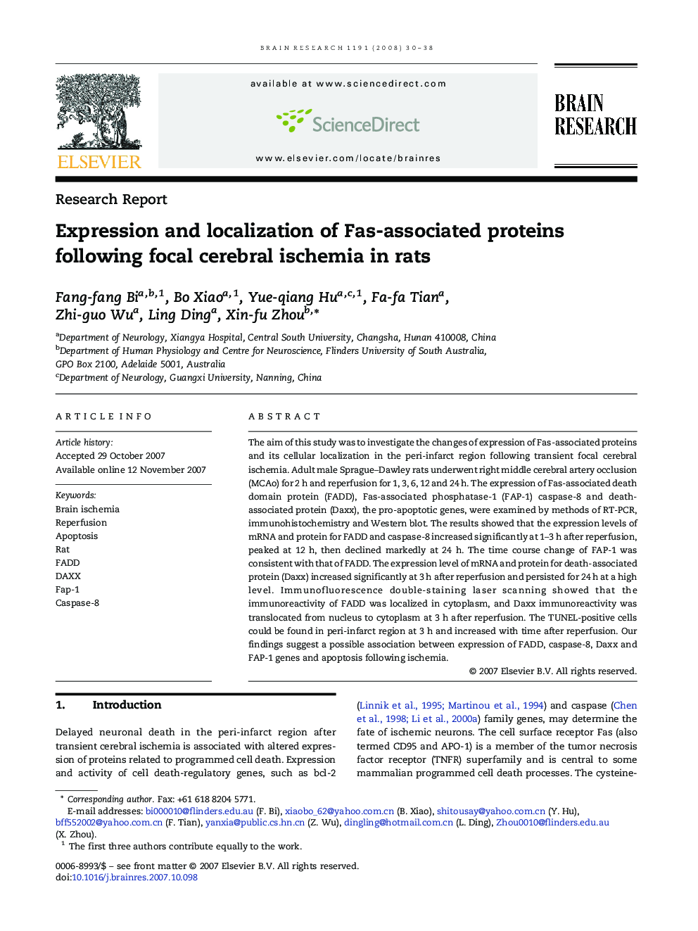 Expression and localization of Fas-associated proteins following focal cerebral ischemia in rats