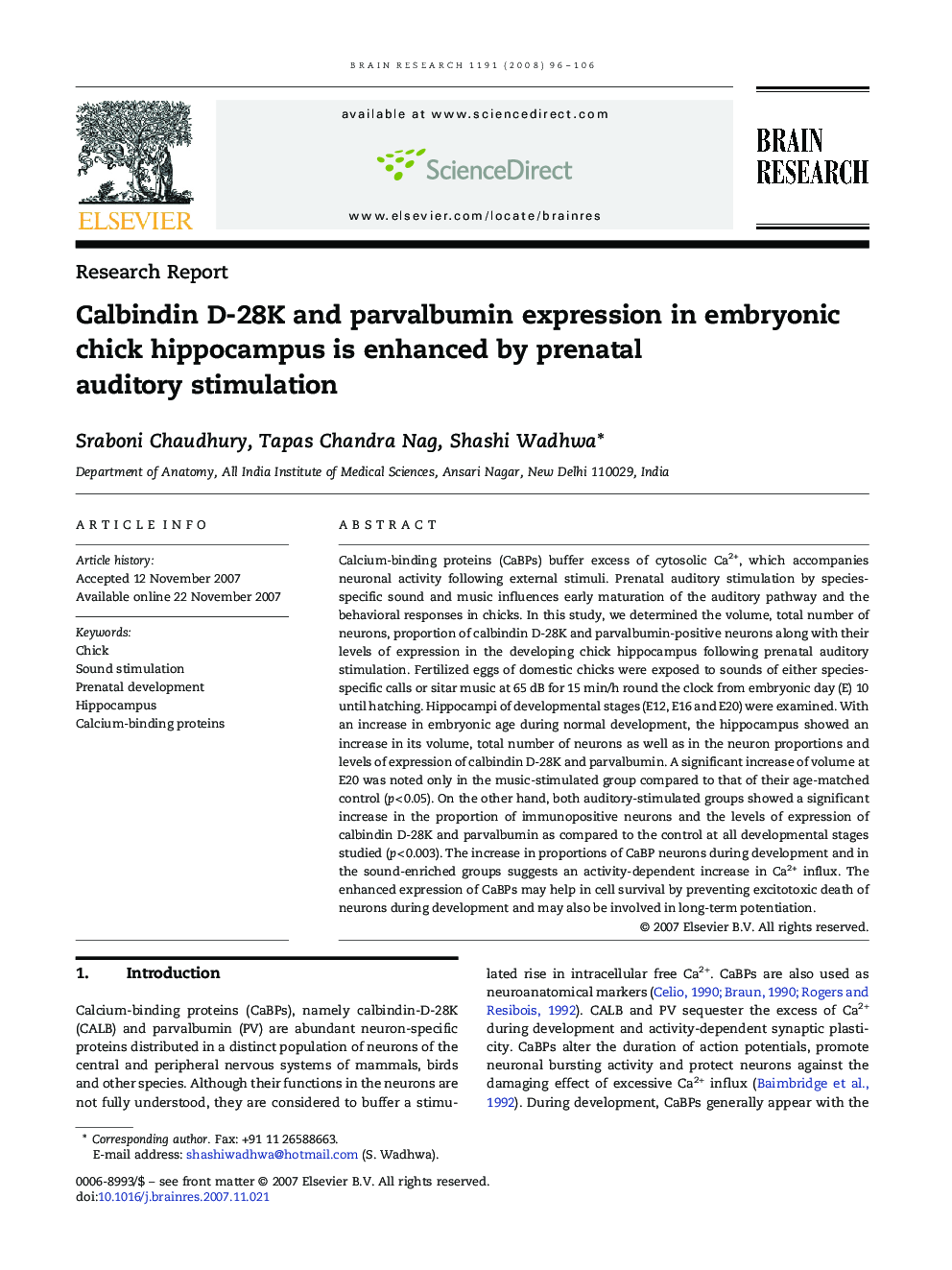 Calbindin D-28K and parvalbumin expression in embryonic chick hippocampus is enhanced by prenatal auditory stimulation