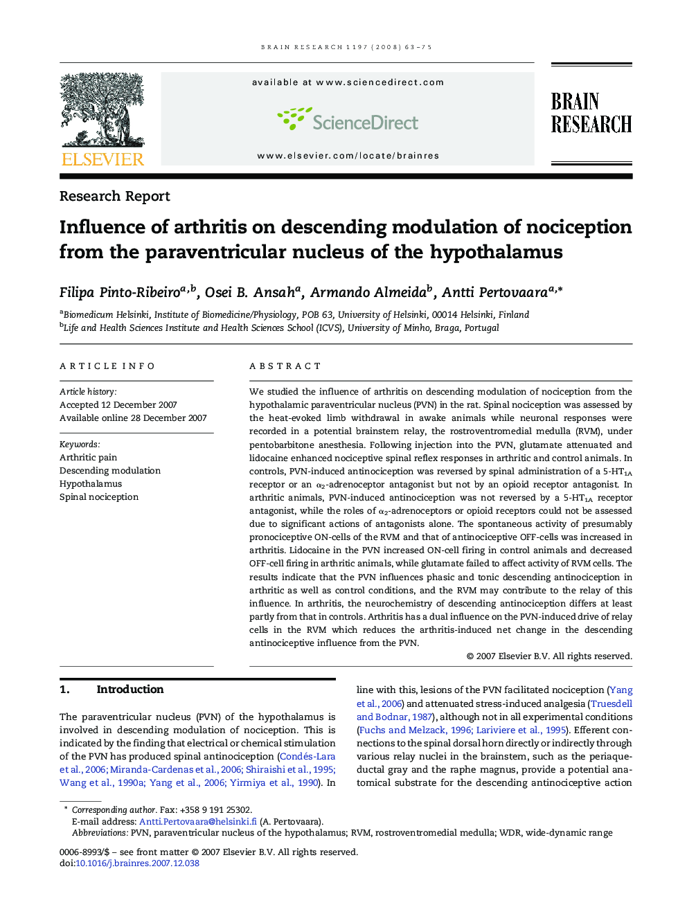 Influence of arthritis on descending modulation of nociception from the paraventricular nucleus of the hypothalamus