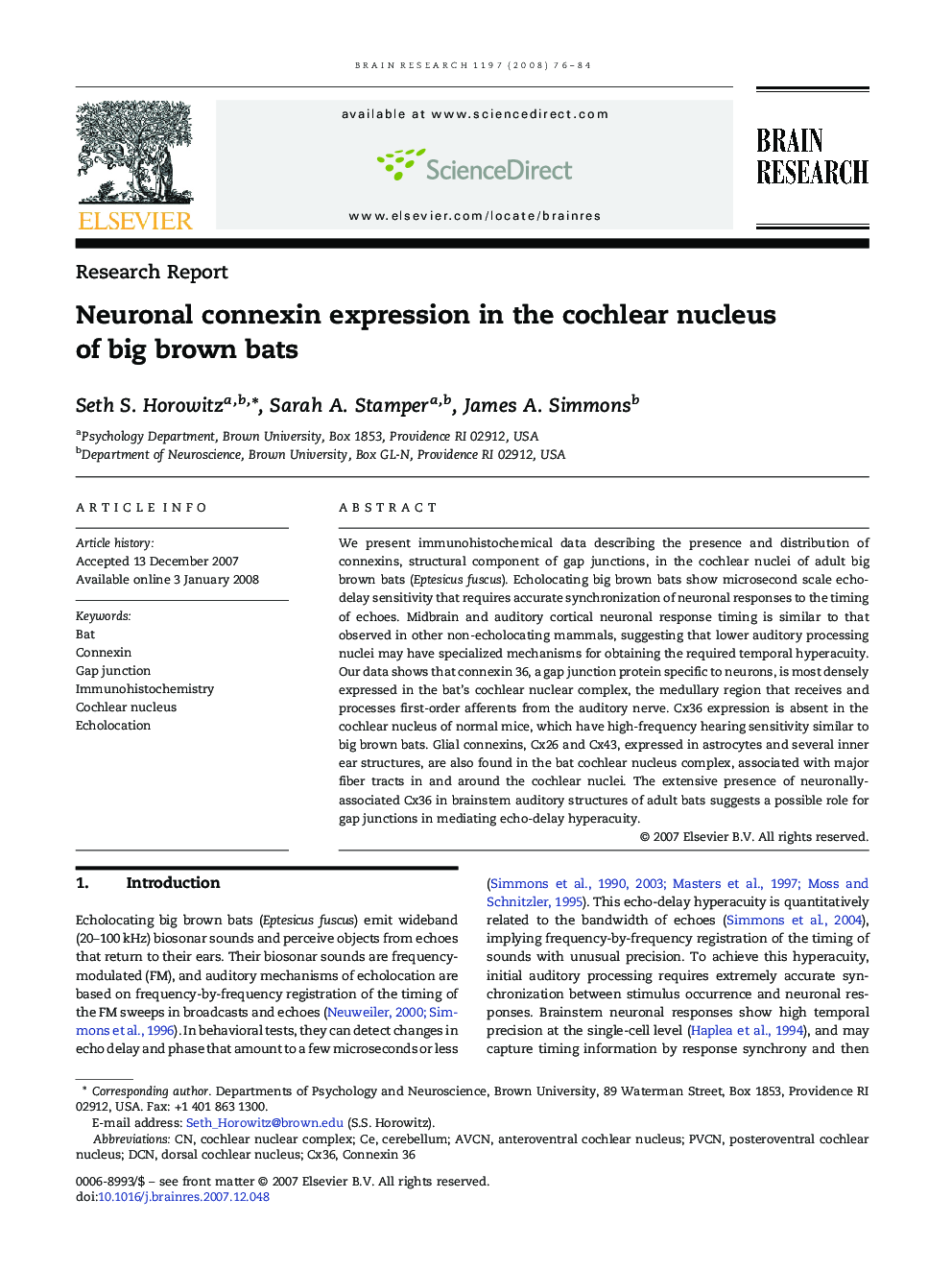 Neuronal connexin expression in the cochlear nucleus of big brown bats
