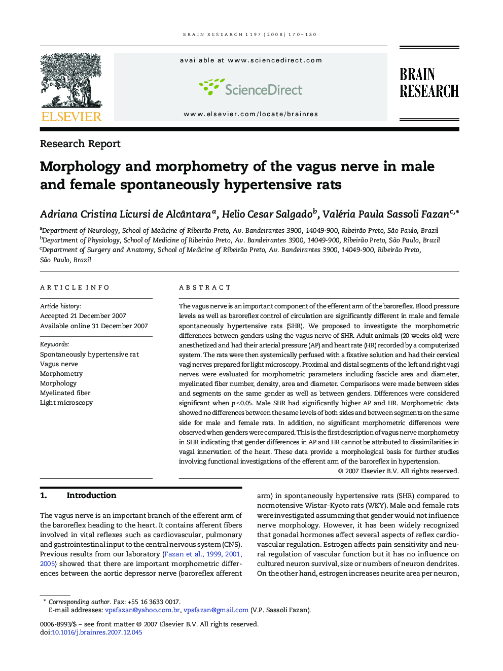 Morphology and morphometry of the vagus nerve in male and female spontaneously hypertensive rats