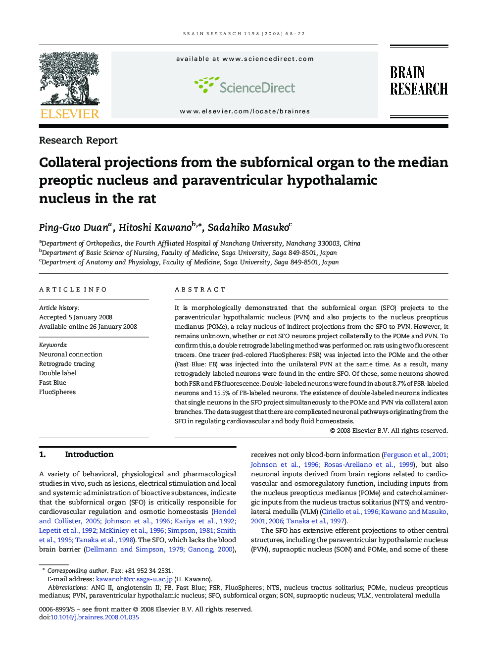Collateral projections from the subfornical organ to the median preoptic nucleus and paraventricular hypothalamic nucleus in the rat