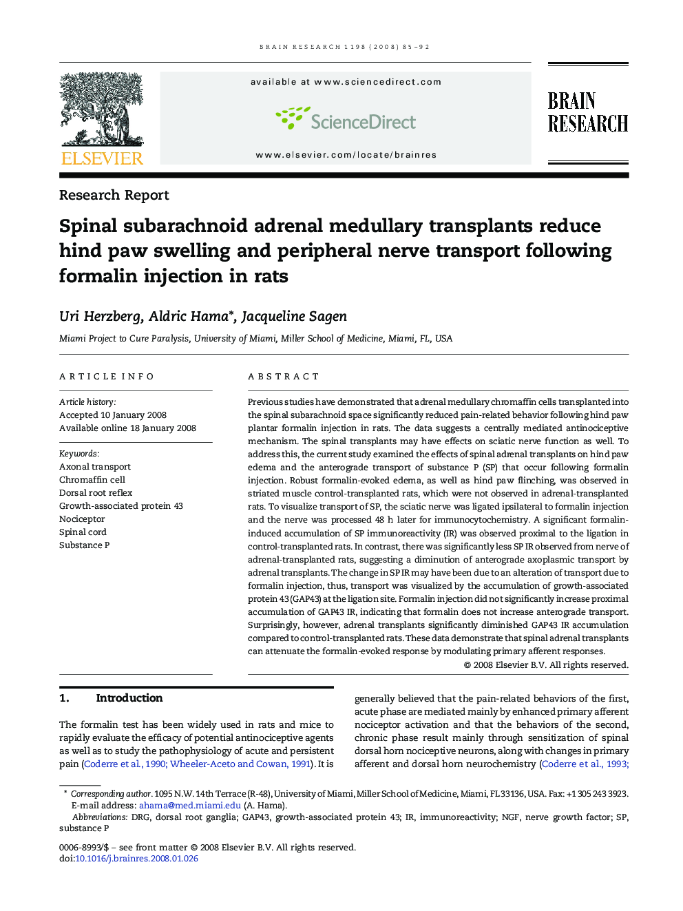 Spinal subarachnoid adrenal medullary transplants reduce hind paw swelling and peripheral nerve transport following formalin injection in rats
