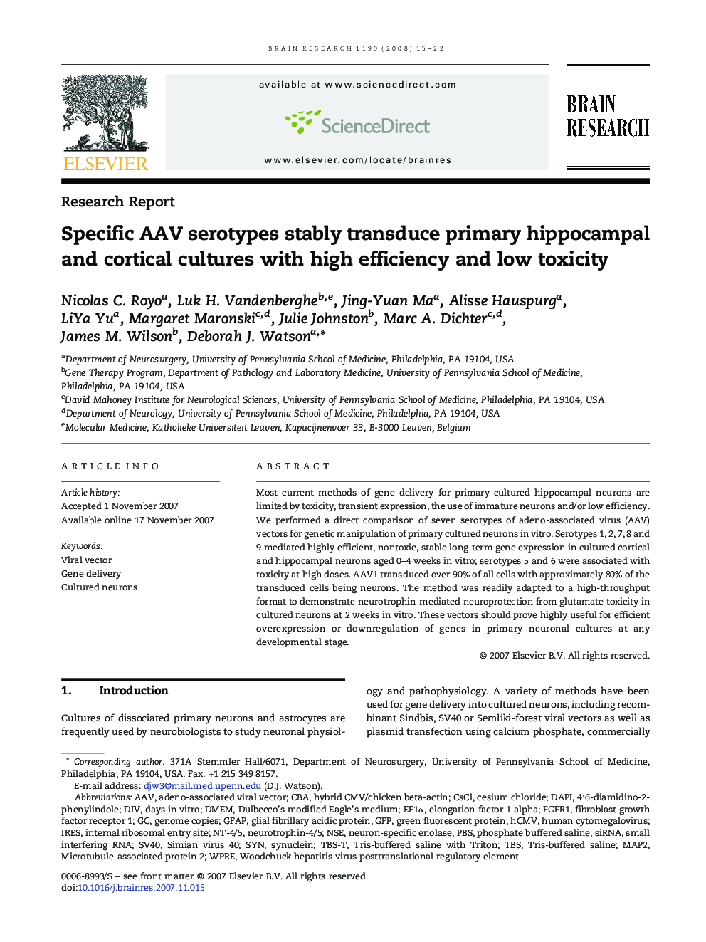 Specific AAV serotypes stably transduce primary hippocampal and cortical cultures with high efficiency and low toxicity