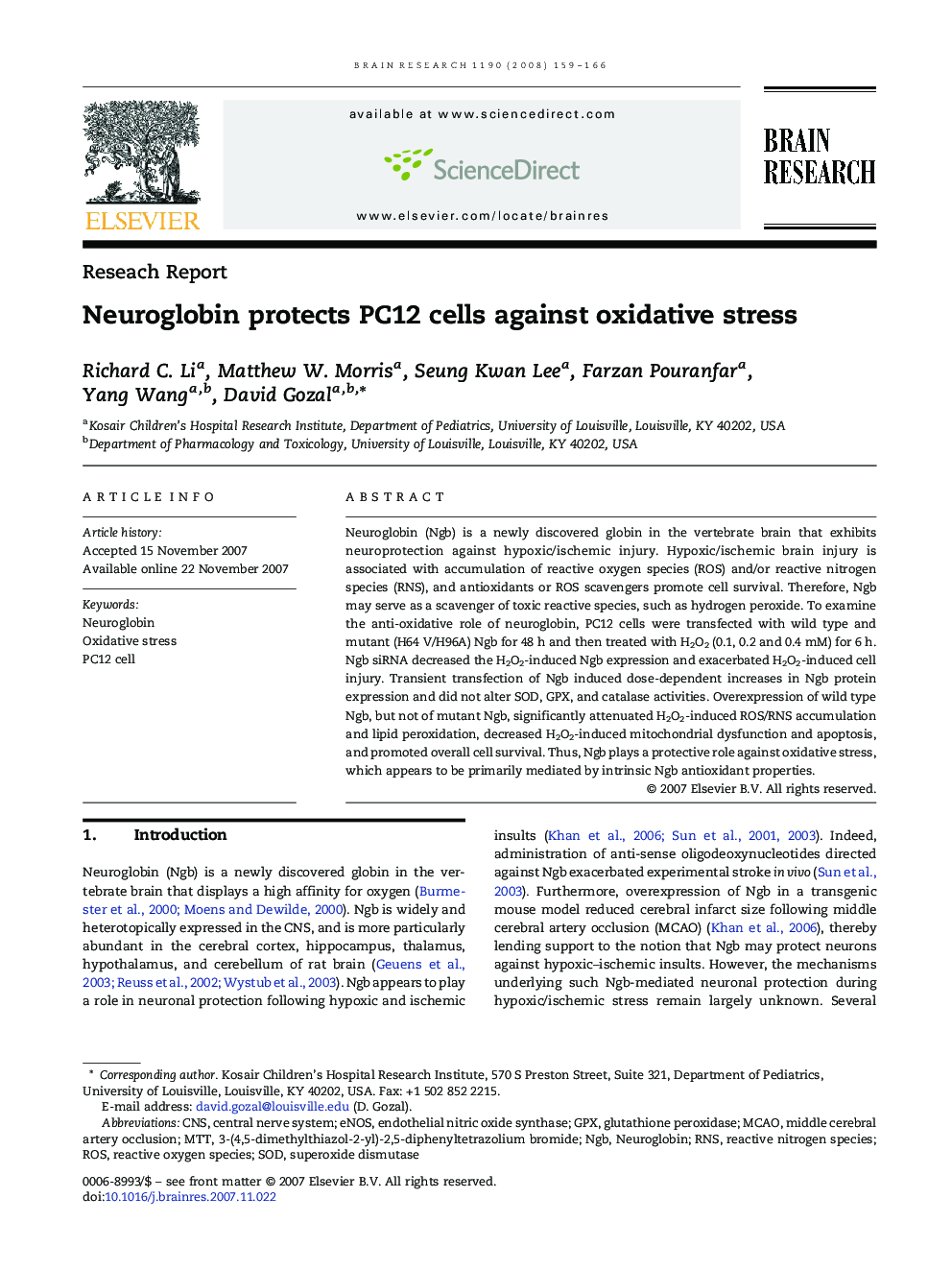 Neuroglobin protects PC12 cells against oxidative stress