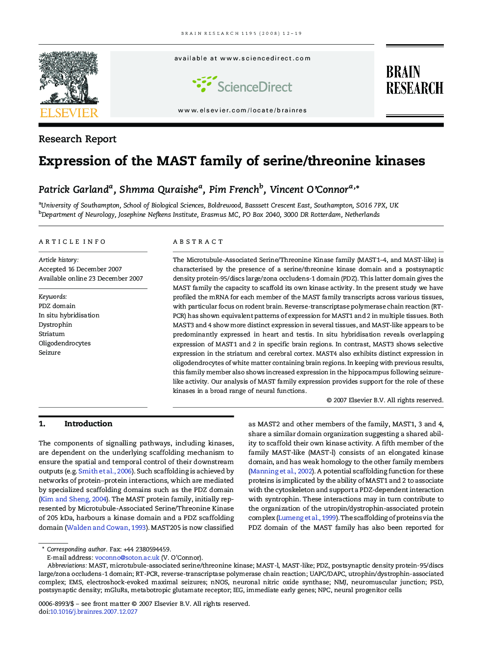 Expression of the MAST family of serine/threonine kinases