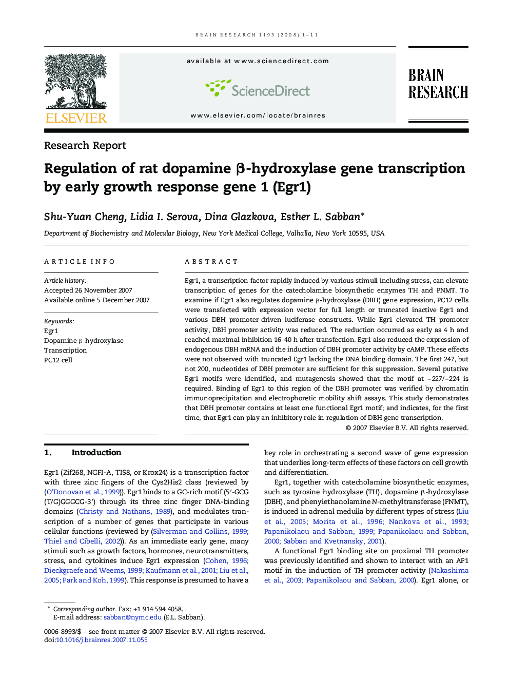 Regulation of rat dopamine β-hydroxylase gene transcription by early growth response gene 1 (Egr1)