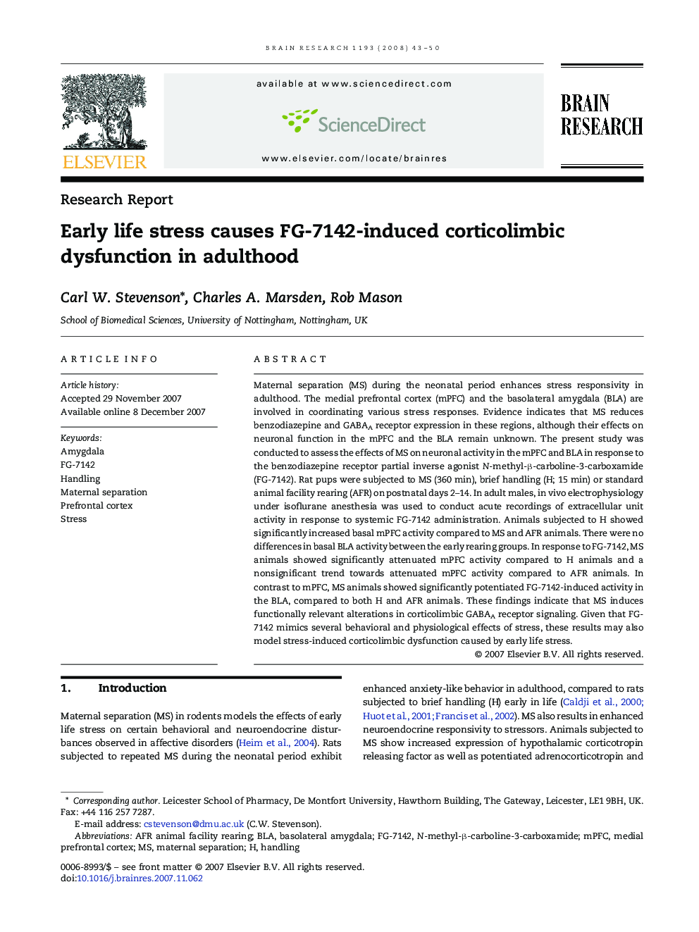 Early life stress causes FG-7142-induced corticolimbic dysfunction in adulthood