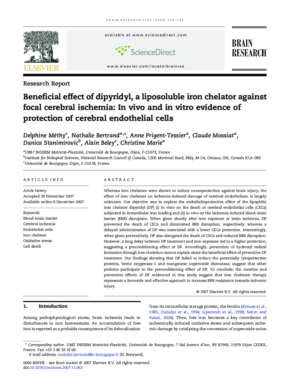 Beneficial effect of dipyridyl, a liposoluble iron chelator against focal cerebral ischemia: In vivo and in vitro evidence of protection of cerebral endothelial cells