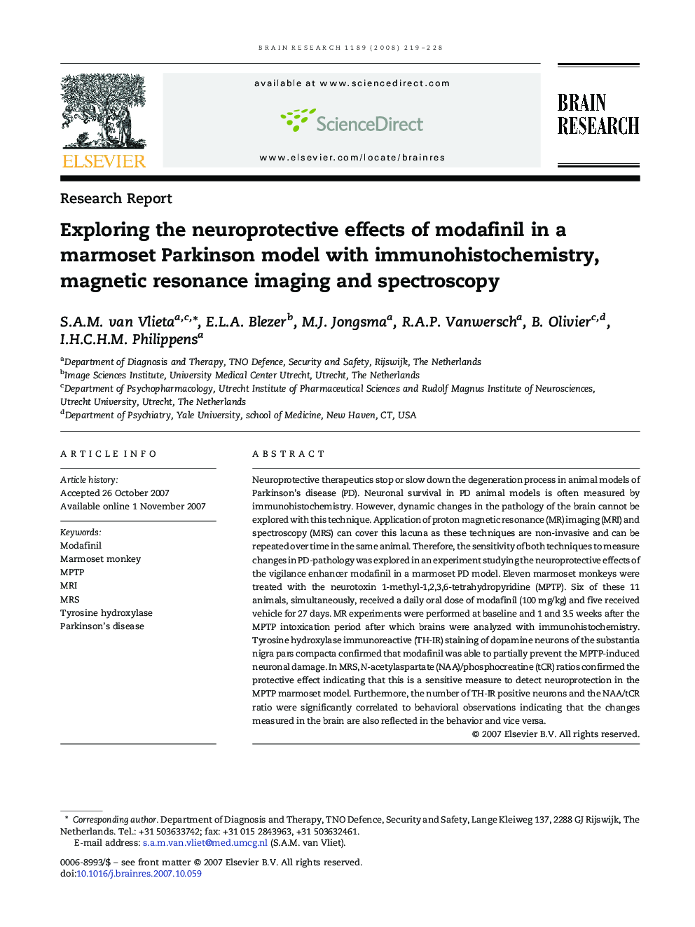 Exploring the neuroprotective effects of modafinil in a marmoset Parkinson model with immunohistochemistry, magnetic resonance imaging and spectroscopy