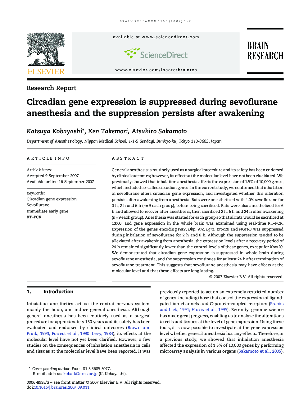 Circadian gene expression is suppressed during sevoflurane anesthesia and the suppression persists after awakening