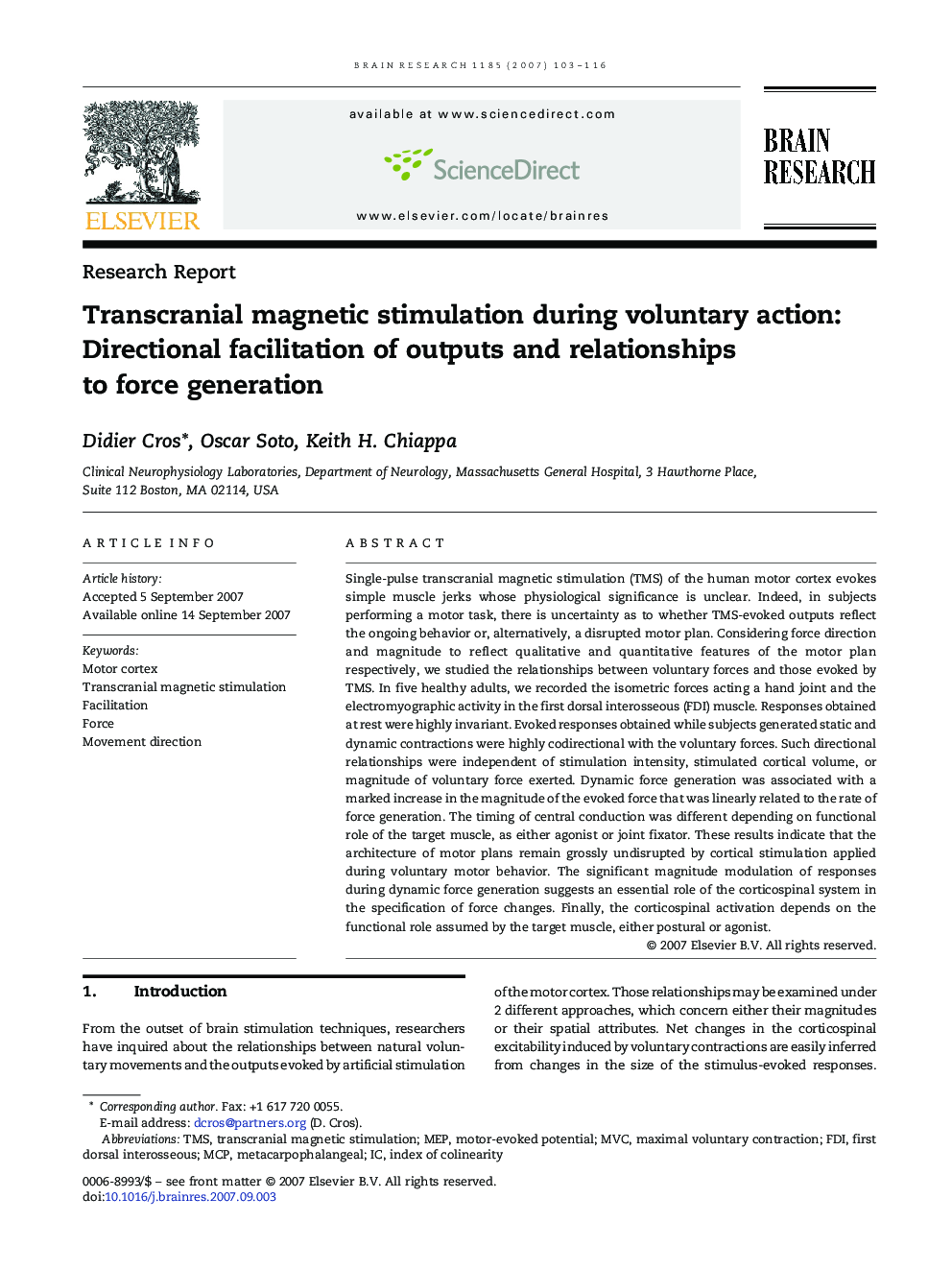 Transcranial magnetic stimulation during voluntary action: Directional facilitation of outputs and relationships to force generation