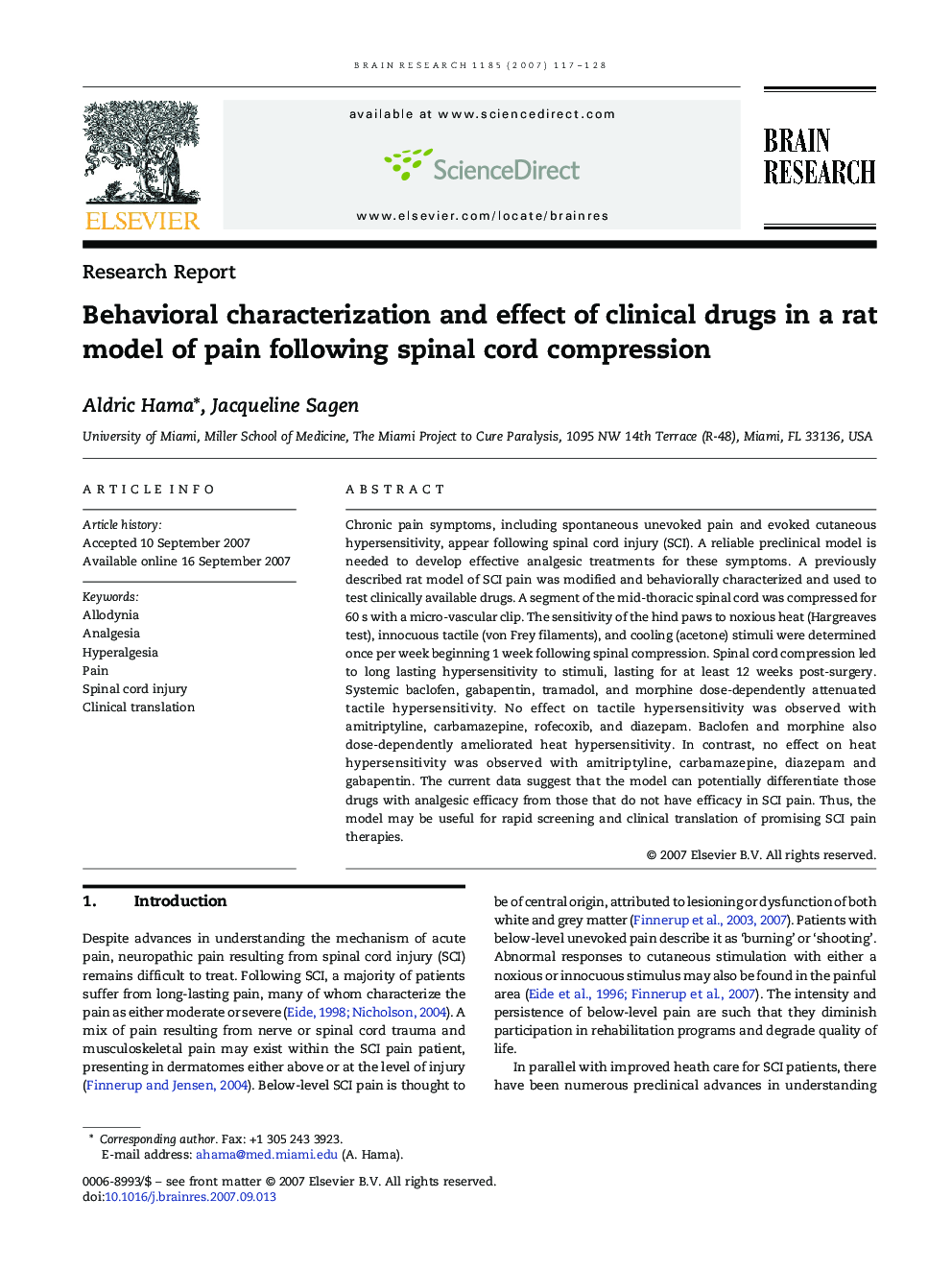 Behavioral characterization and effect of clinical drugs in a rat model of pain following spinal cord compression