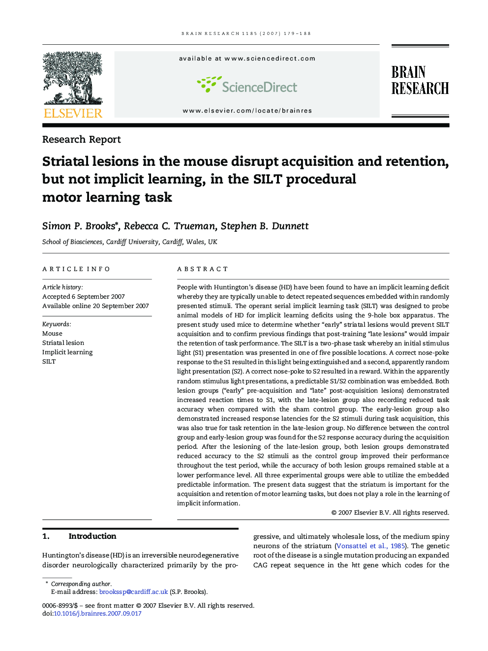 Striatal lesions in the mouse disrupt acquisition and retention, but not implicit learning, in the SILT procedural motor learning task