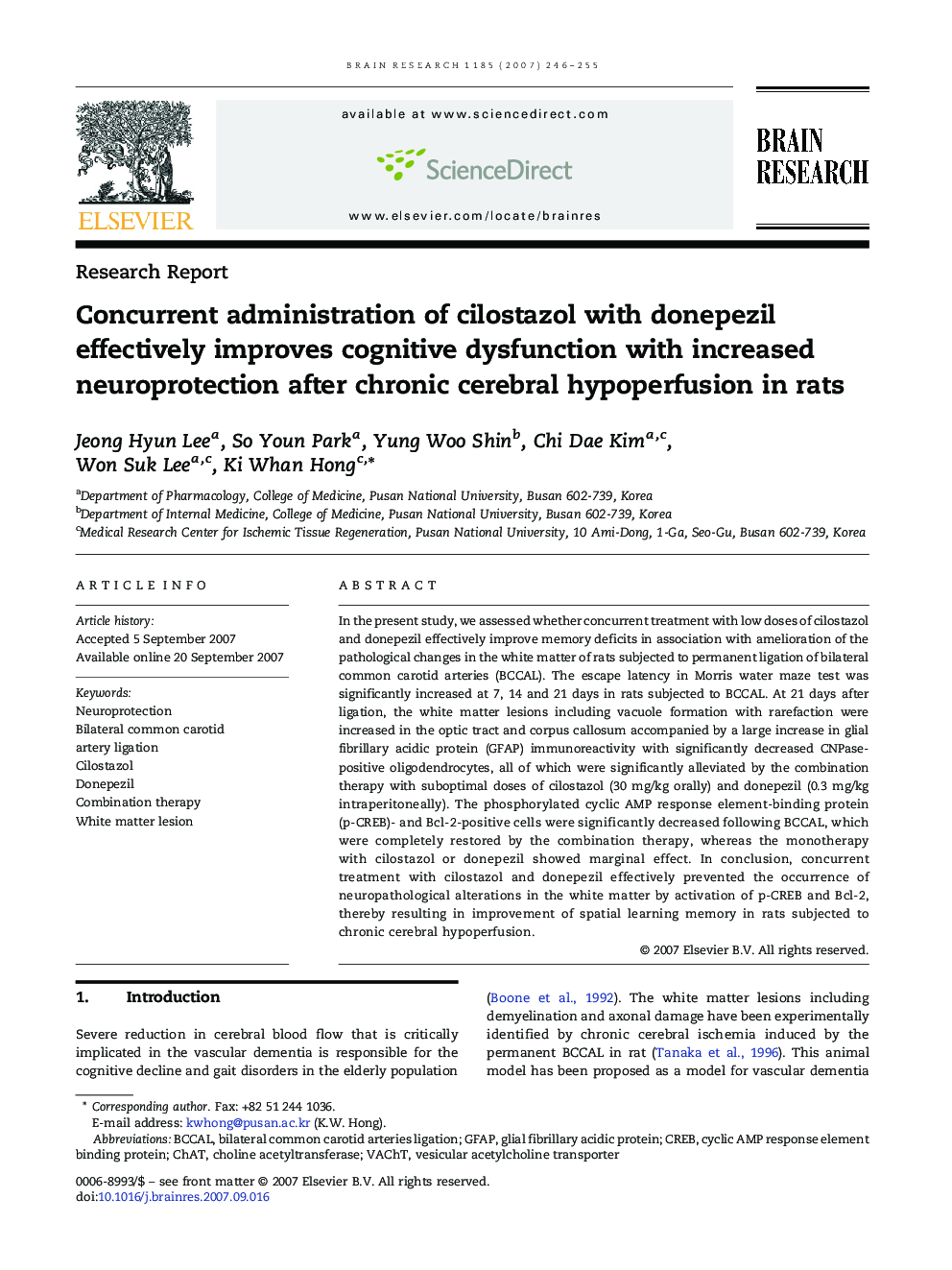 Concurrent administration of cilostazol with donepezil effectively improves cognitive dysfunction with increased neuroprotection after chronic cerebral hypoperfusion in rats