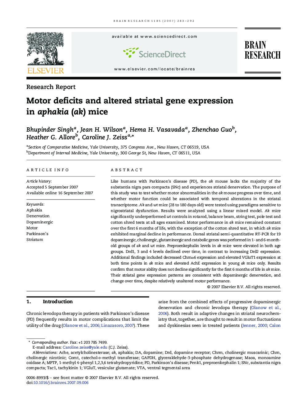 Motor deficits and altered striatal gene expression in aphakia (ak) mice