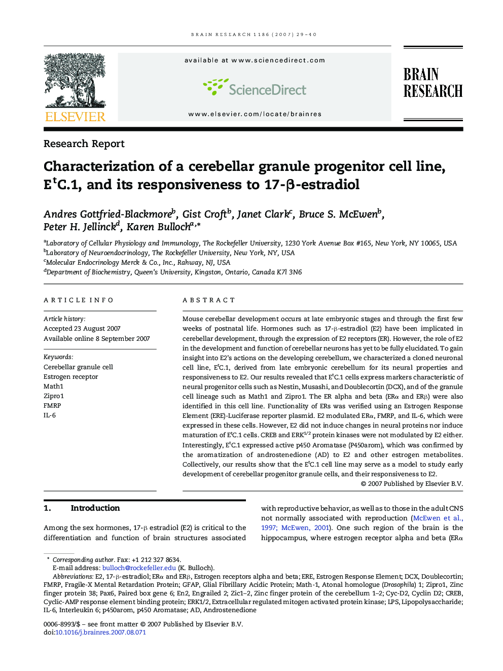 Characterization of a cerebellar granule progenitor cell line, EtC.1, and its responsiveness to 17-Î²-estradiol