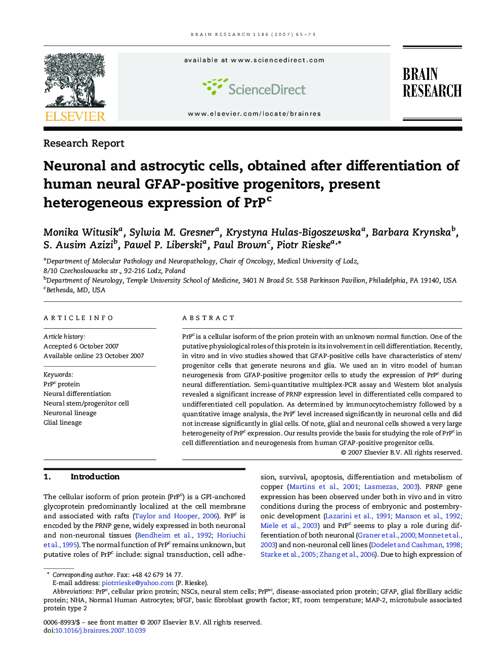 Neuronal and astrocytic cells, obtained after differentiation of human neural GFAP-positive progenitors, present heterogeneous expression of PrPc
