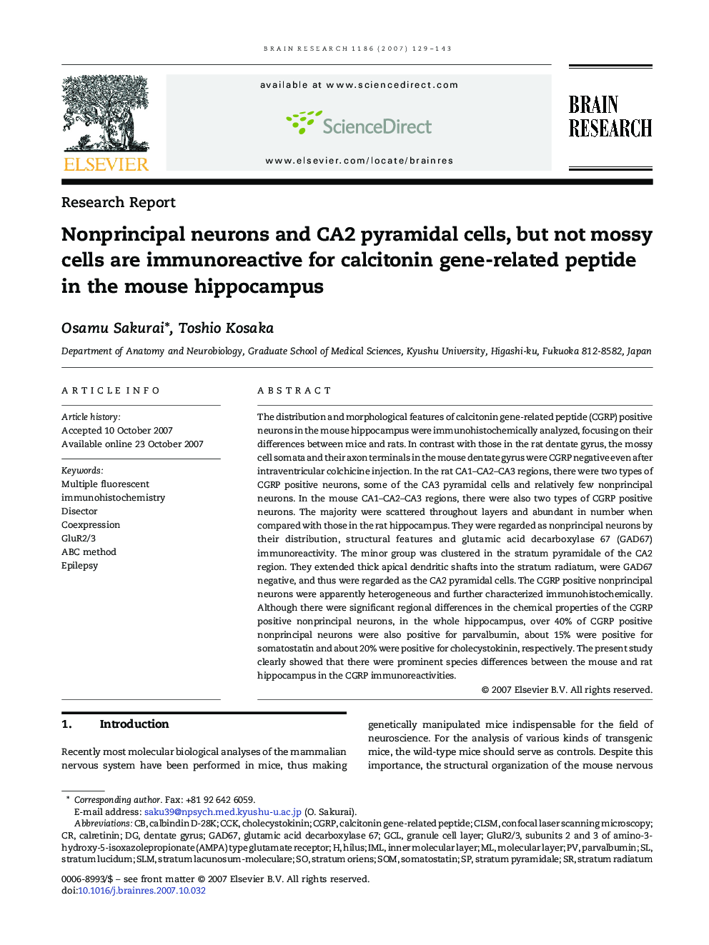 Nonprincipal neurons and CA2 pyramidal cells, but not mossy cells are immunoreactive for calcitonin gene-related peptide in the mouse hippocampus