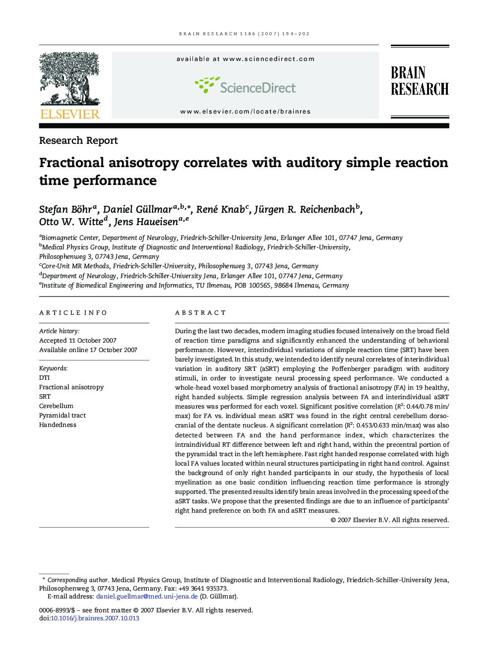 عکس صفحه اول مقاله: Fractional anisotropy correlates with auditory simple reaction time performance Fractional anisotropy correlates with auditory simple reaction time performance
