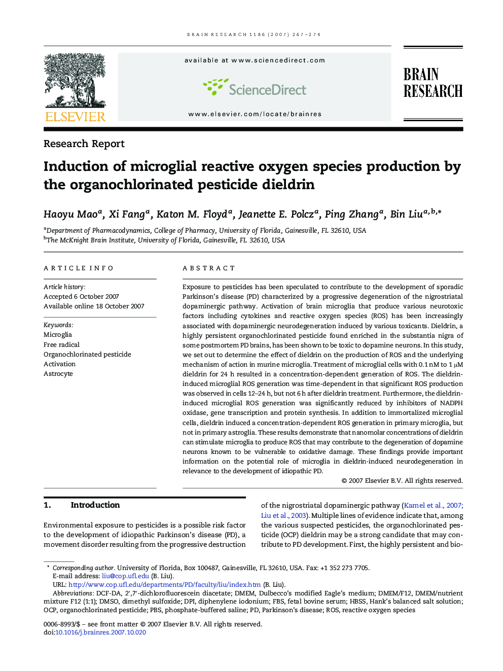 Induction of microglial reactive oxygen species production by the organochlorinated pesticide dieldrin