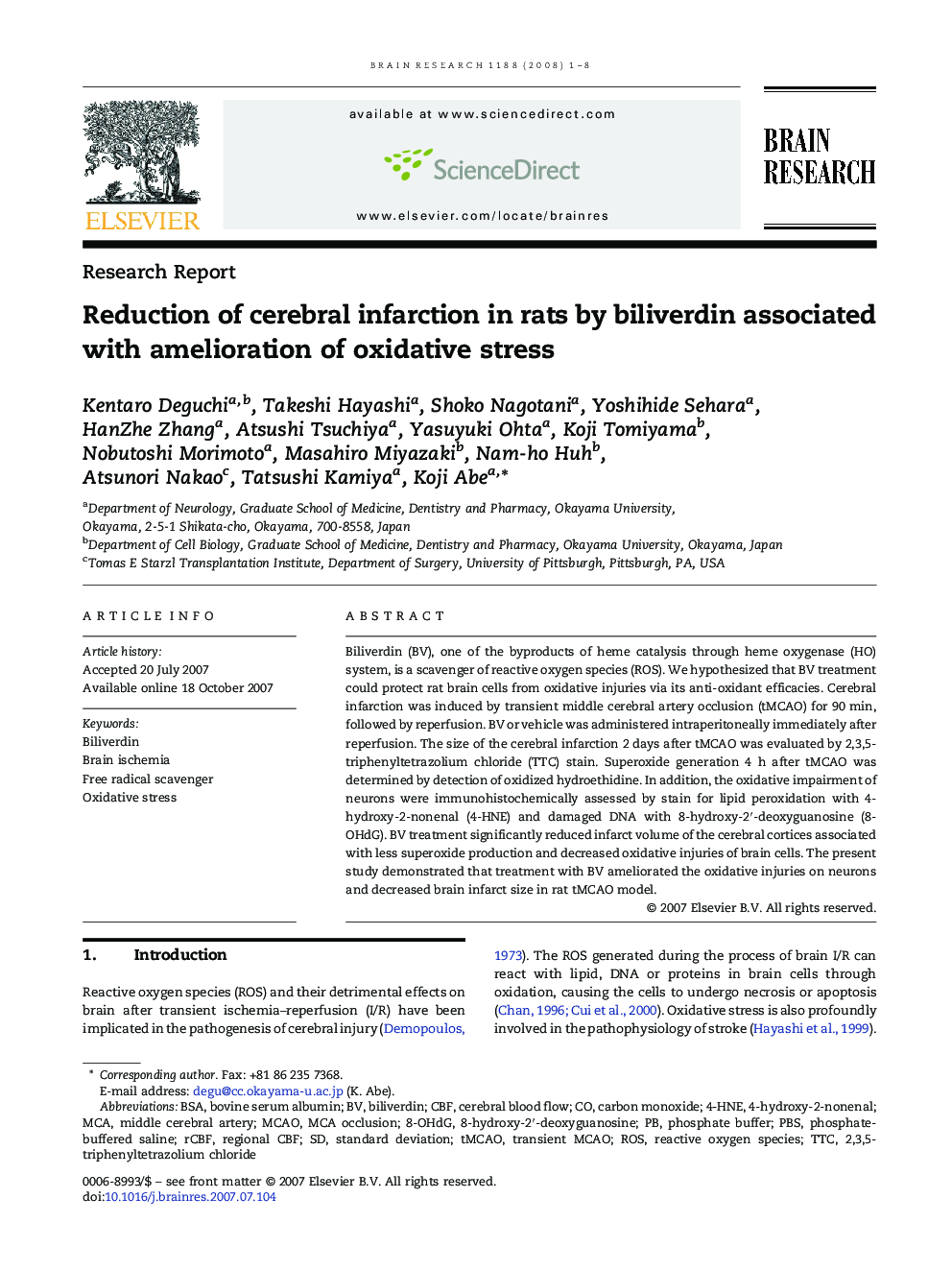 Reduction of cerebral infarction in rats by biliverdin associated with amelioration of oxidative stress