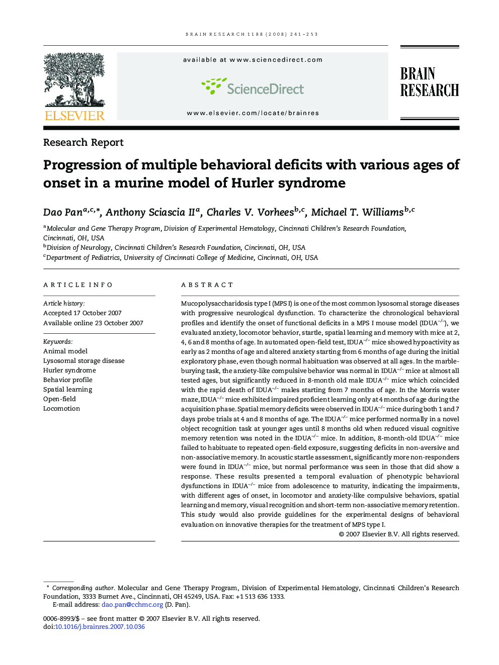 Progression of multiple behavioral deficits with various ages of onset in a murine model of Hurler syndrome