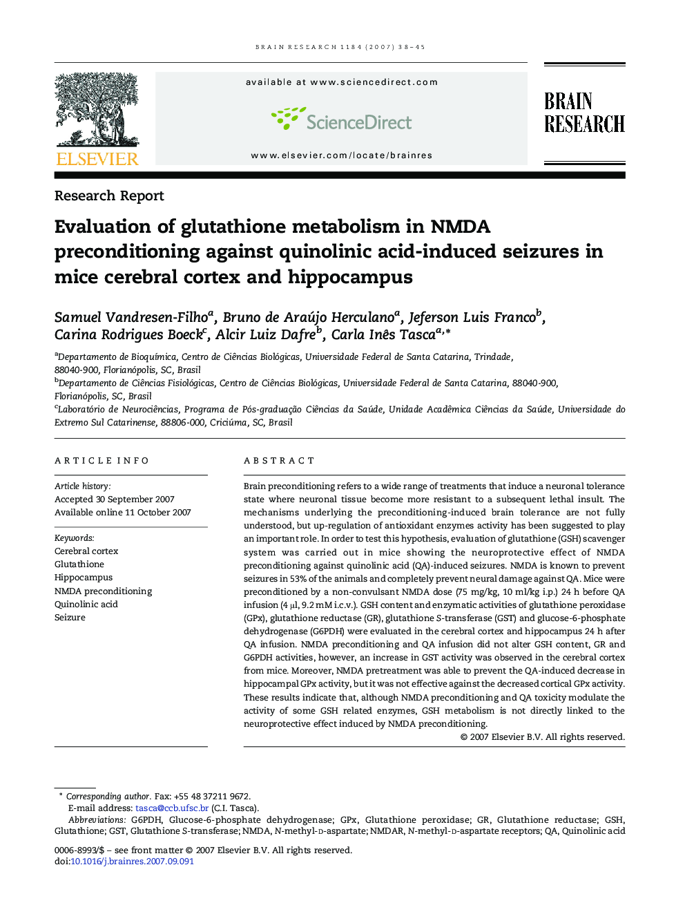 Evaluation of glutathione metabolism in NMDA preconditioning against quinolinic acid-induced seizures in mice cerebral cortex and hippocampus