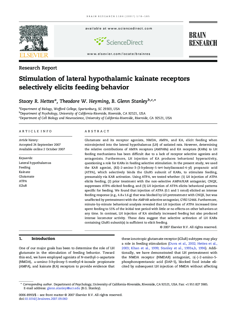 Stimulation of lateral hypothalamic kainate receptors selectively elicits feeding behavior