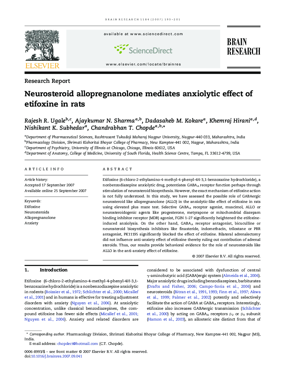 Neurosteroid allopregnanolone mediates anxiolytic effect of etifoxine in rats