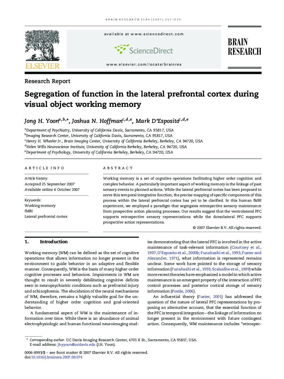 Segregation of function in the lateral prefrontal cortex during visual object working memory