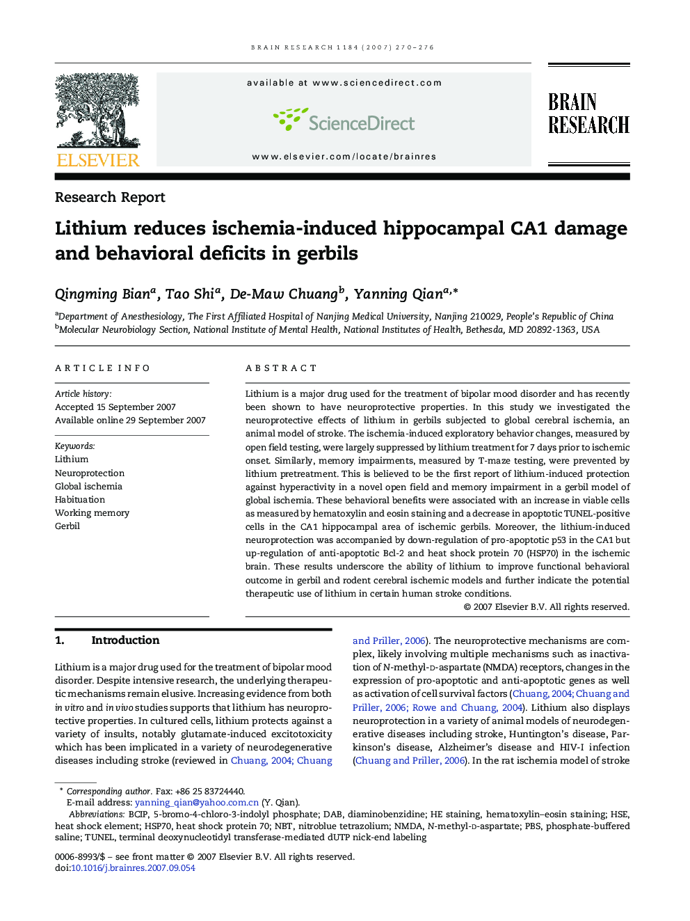 Lithium reduces ischemia-induced hippocampal CA1 damage and behavioral deficits in gerbils