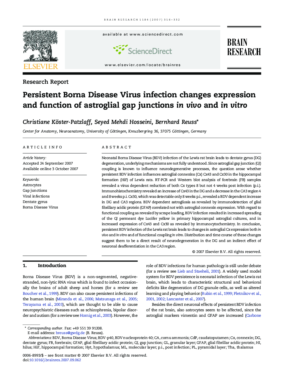 Persistent Borna Disease Virus infection changes expression and function of astroglial gap junctions in vivo and in vitro