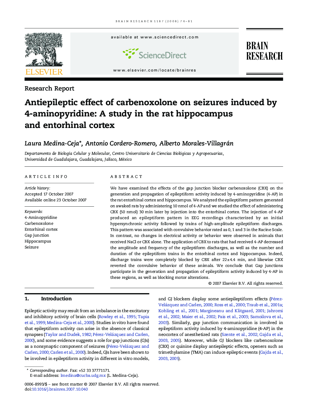 Antiepileptic effect of carbenoxolone on seizures induced by 4-aminopyridine: A study in the rat hippocampus and entorhinal cortex