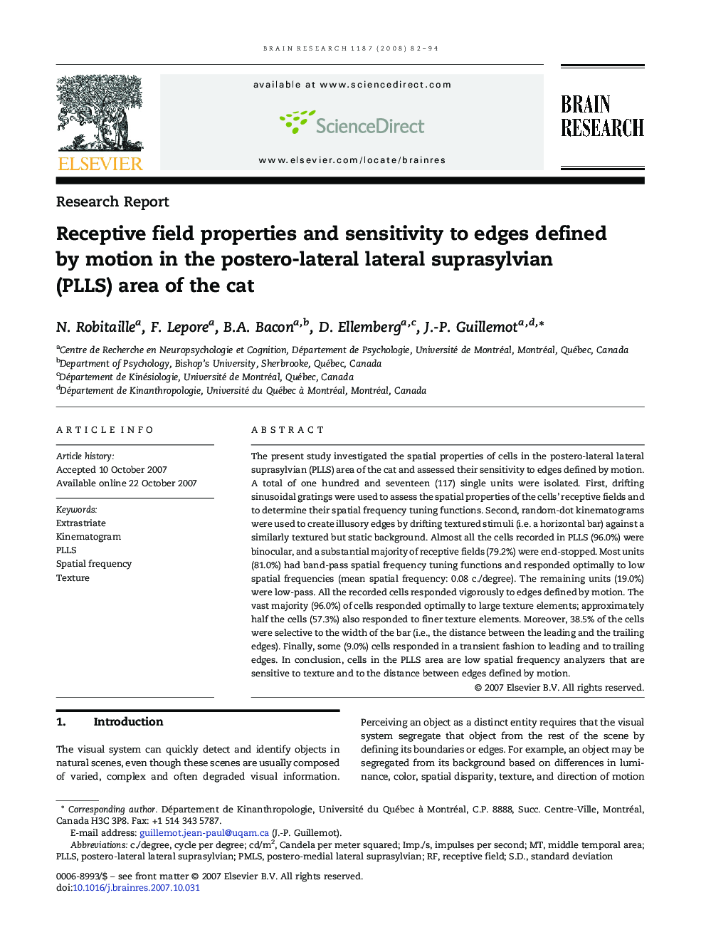 Receptive field properties and sensitivity to edges defined by motion in the postero-lateral lateral suprasylvian (PLLS) area of the cat