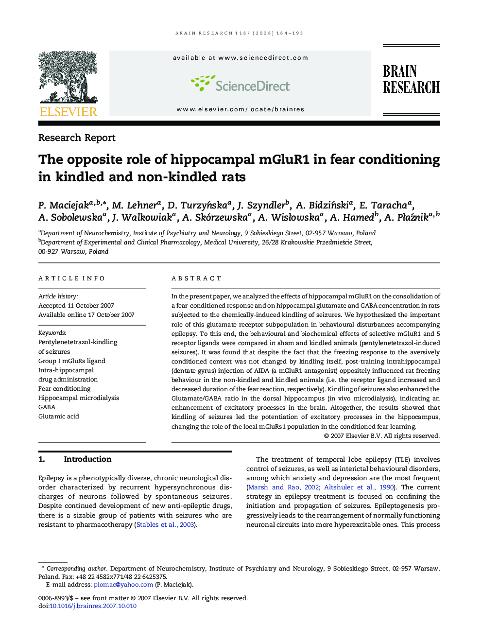 The opposite role of hippocampal mGluR1 in fear conditioning in kindled and non-kindled rats