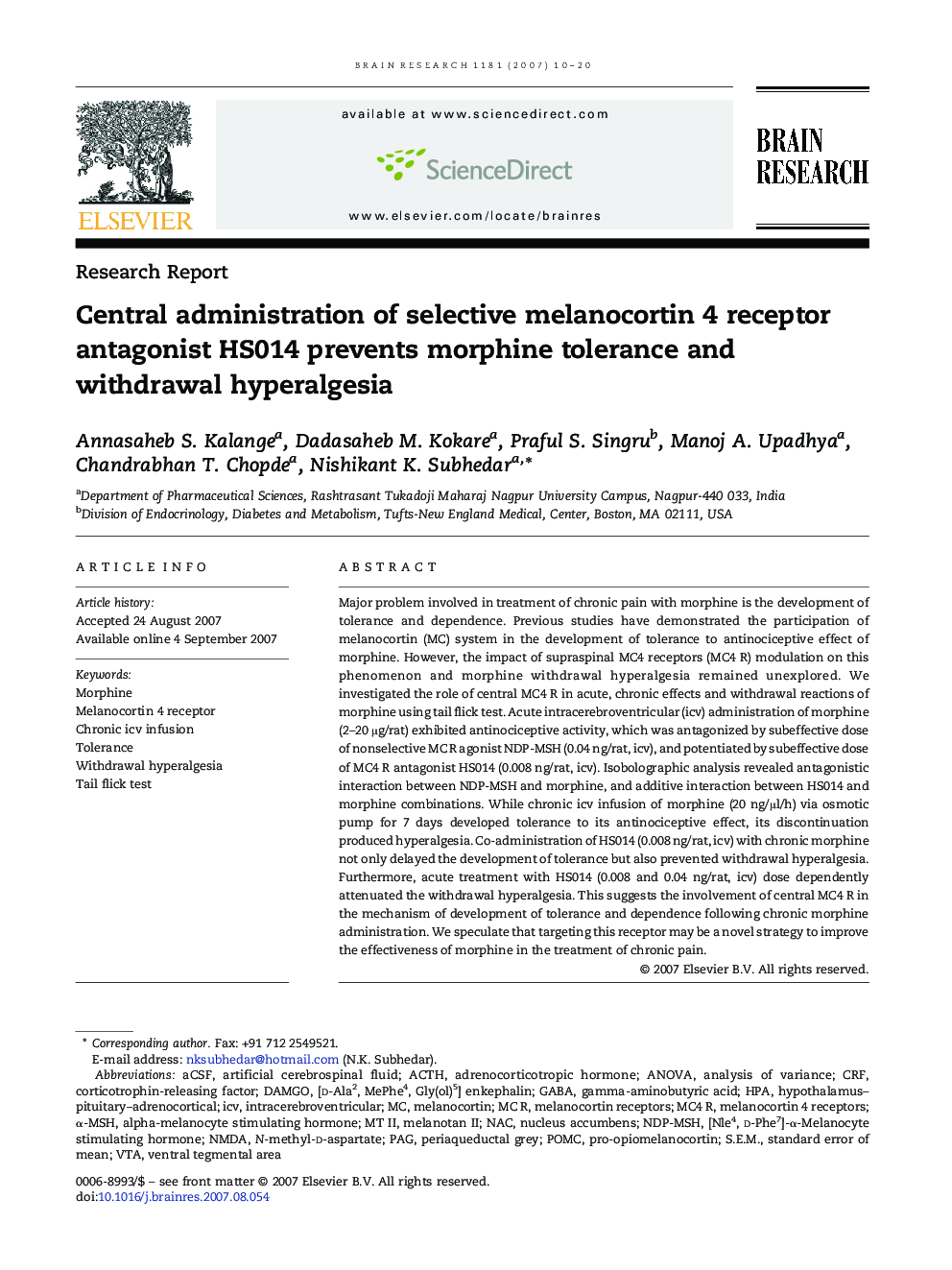 Central administration of selective melanocortin 4 receptor antagonist HS014 prevents morphine tolerance and withdrawal hyperalgesia