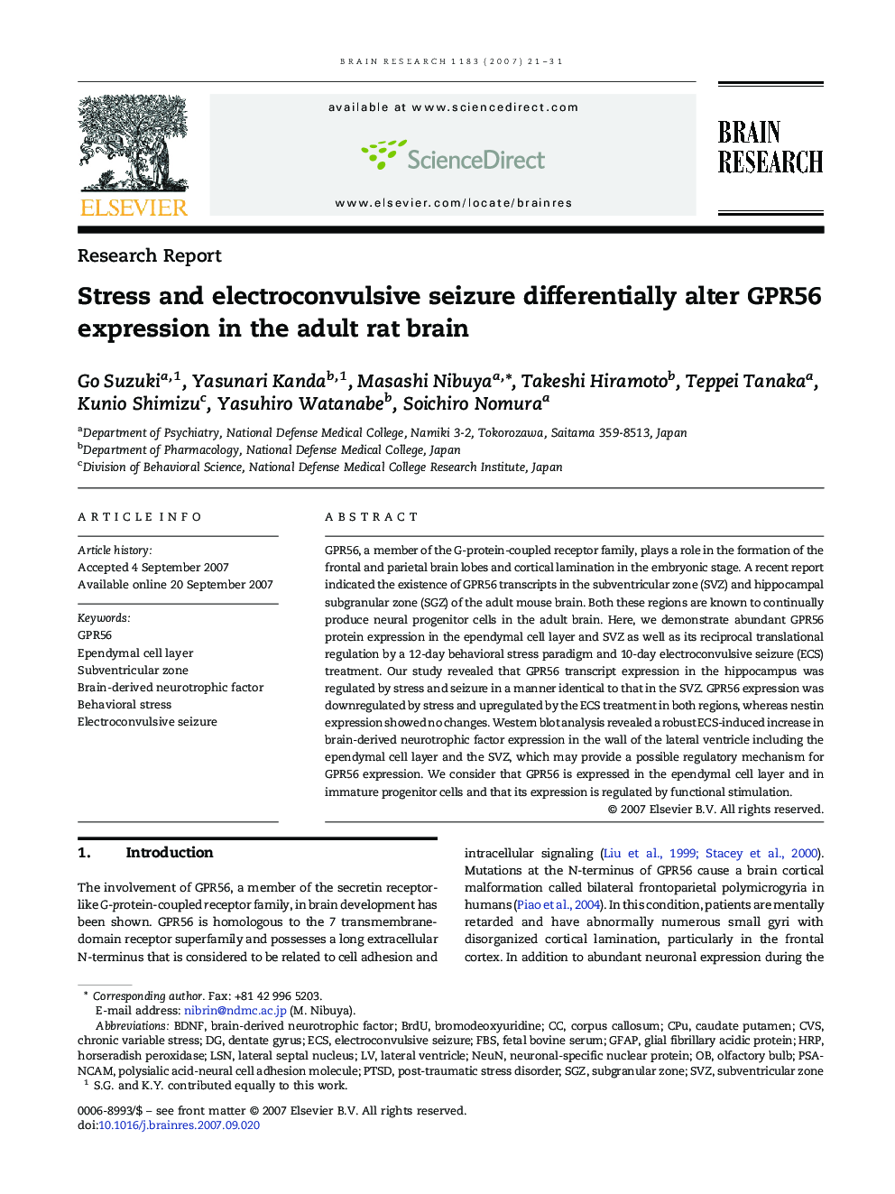 Stress and electroconvulsive seizure differentially alter GPR56 expression in the adult rat brain