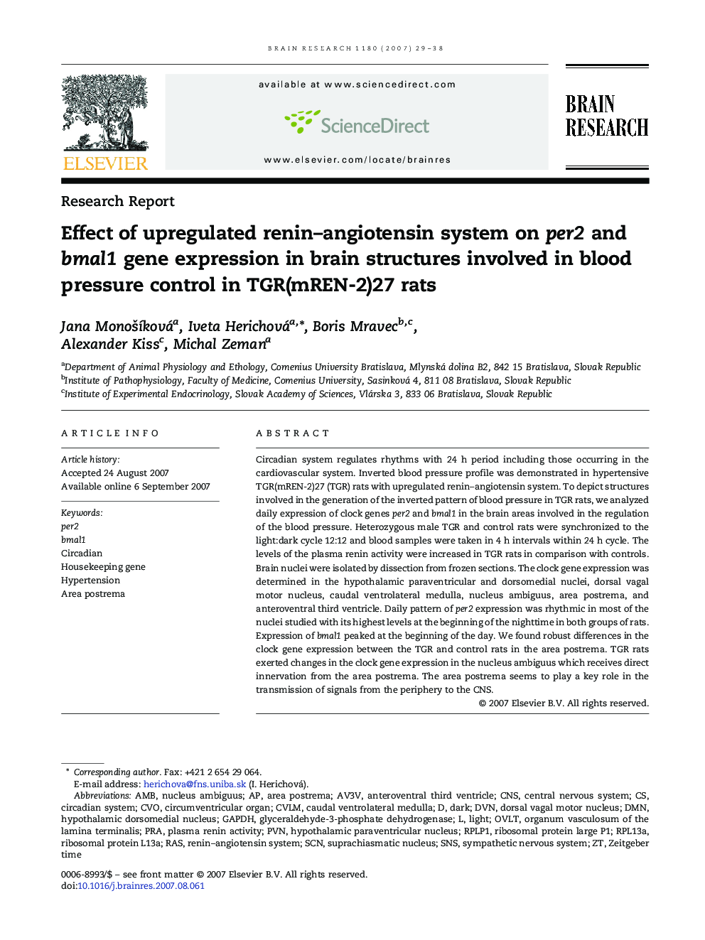 Effect of upregulated renin–angiotensin system on per2 and bmal1 gene expression in brain structures involved in blood pressure control in TGR(mREN-2)27 rats