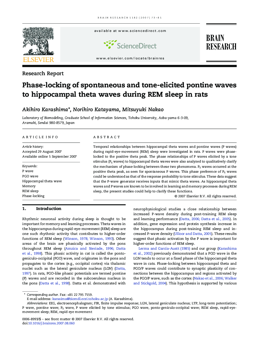 Phase-locking of spontaneous and tone-elicited pontine waves to hippocampal theta waves during REM sleep in rats