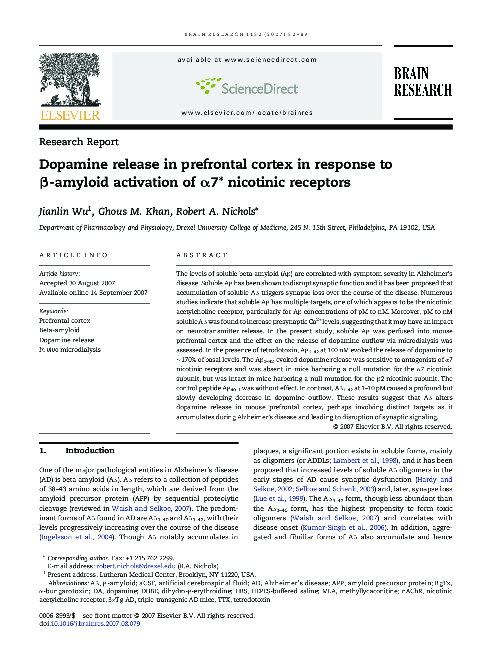 Dopamine release in prefrontal cortex in response to β-amyloid activation of α7∗ nicotinic receptors