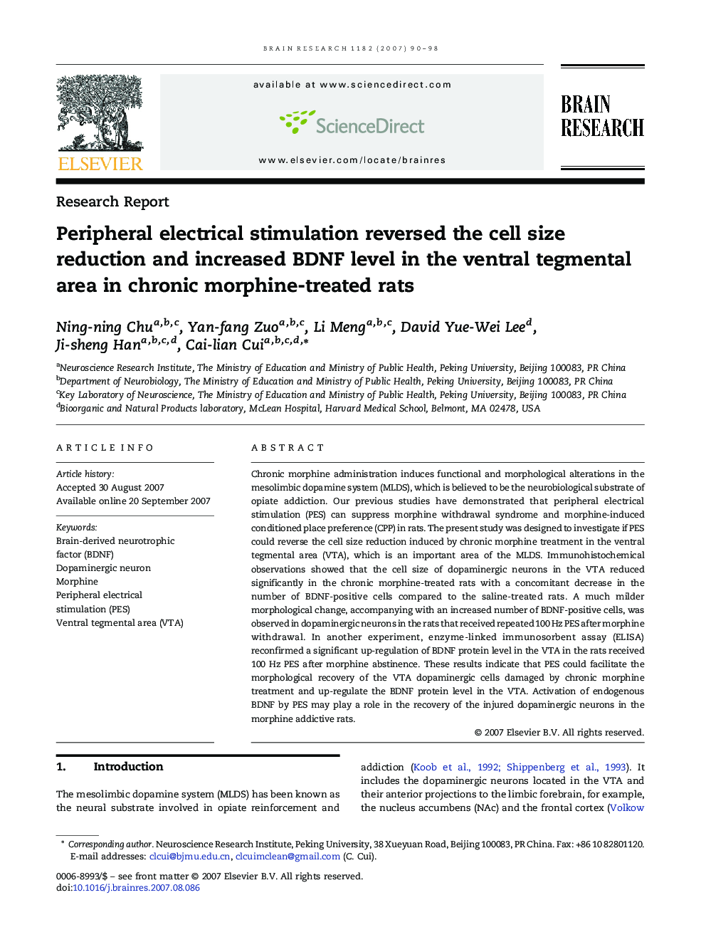 Peripheral electrical stimulation reversed the cell size reduction and increased BDNF level in the ventral tegmental area in chronic morphine-treated rats