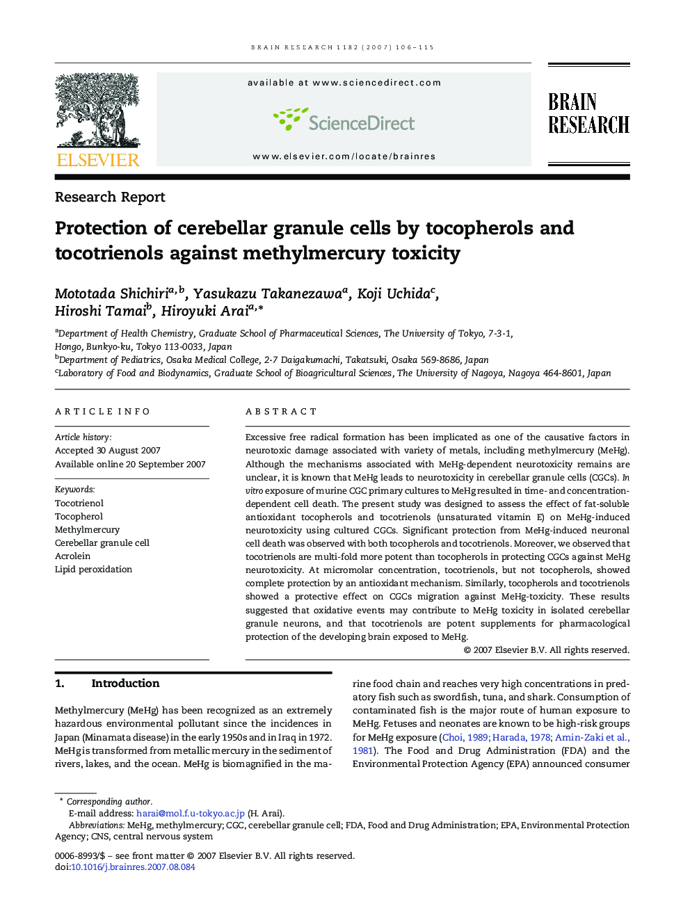 Protection of cerebellar granule cells by tocopherols and tocotrienols against methylmercury toxicity