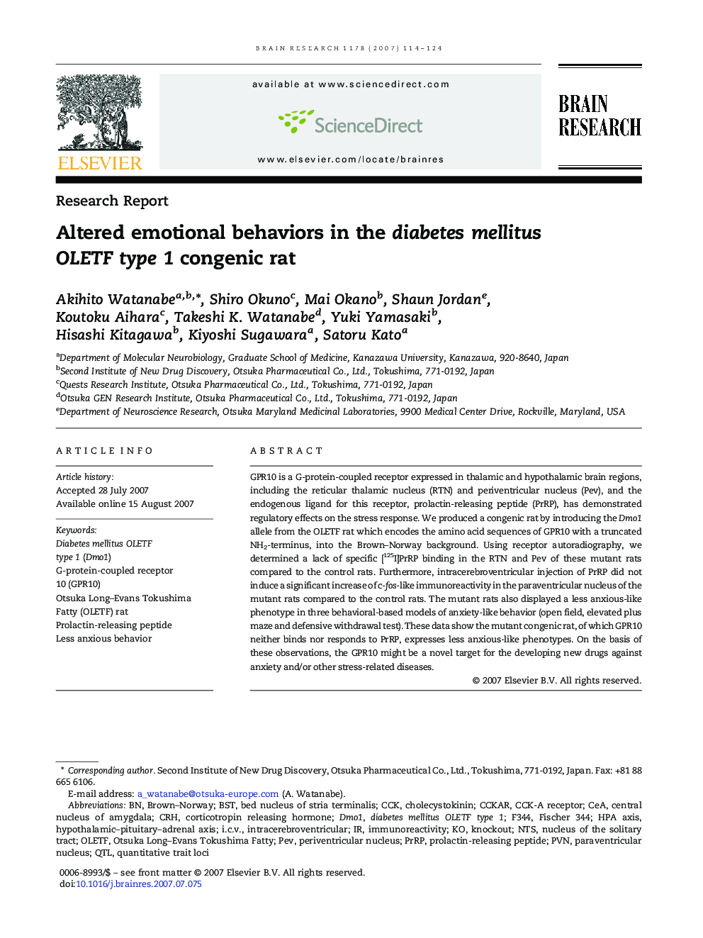 Altered emotional behaviors in the diabetes mellitus OLETF type 1 congenic rat