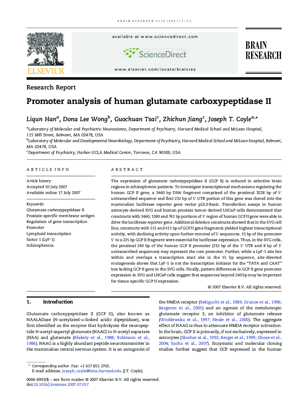 Promoter analysis of human glutamate carboxypeptidase II
