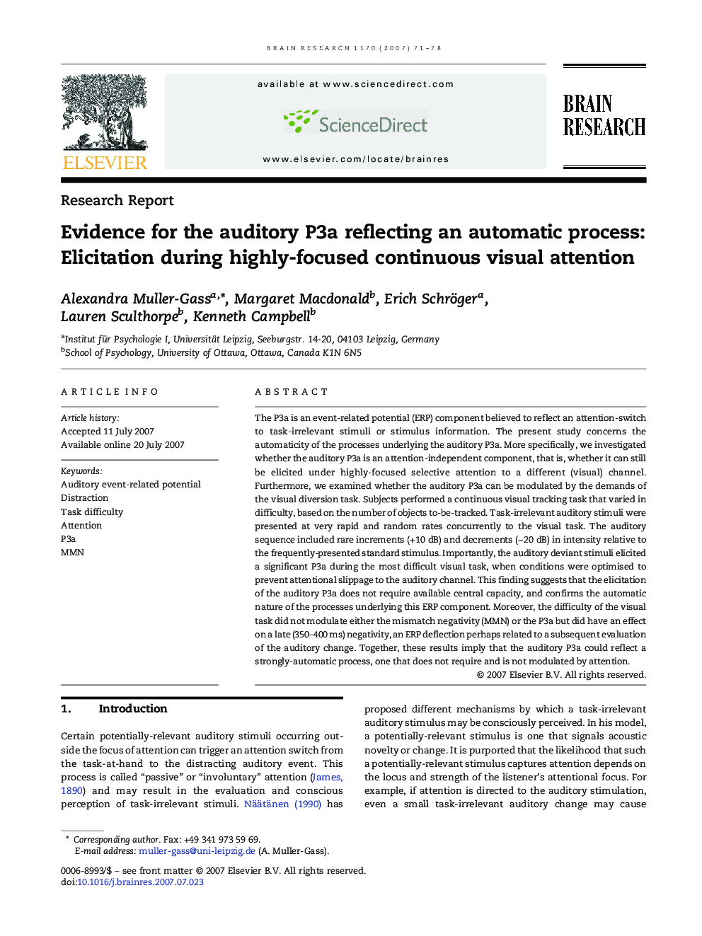 Evidence for the auditory P3a reflecting an automatic process: Elicitation during highly-focused continuous visual attention