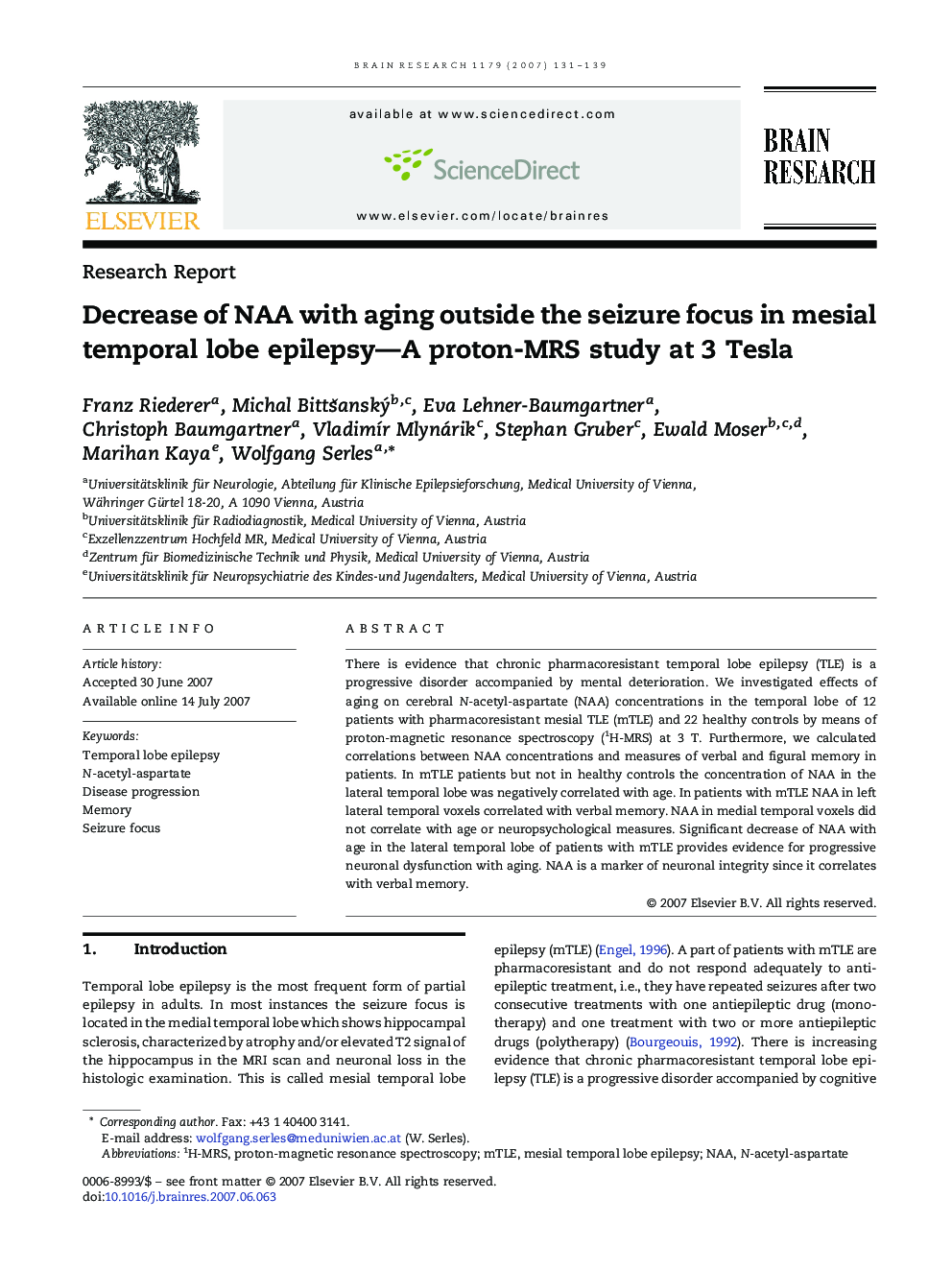 Decrease of NAA with aging outside the seizure focus in mesial temporal lobe epilepsy—A proton-MRS study at 3 Tesla