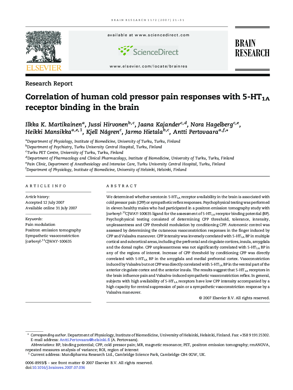 Correlation of human cold pressor pain responses with 5-HT1A receptor binding in the brain