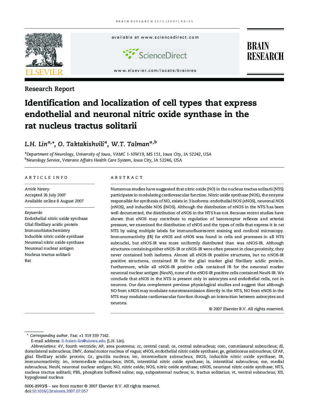 Identification and localization of cell types that express endothelial and neuronal nitric oxide synthase in the rat nucleus tractus solitarii