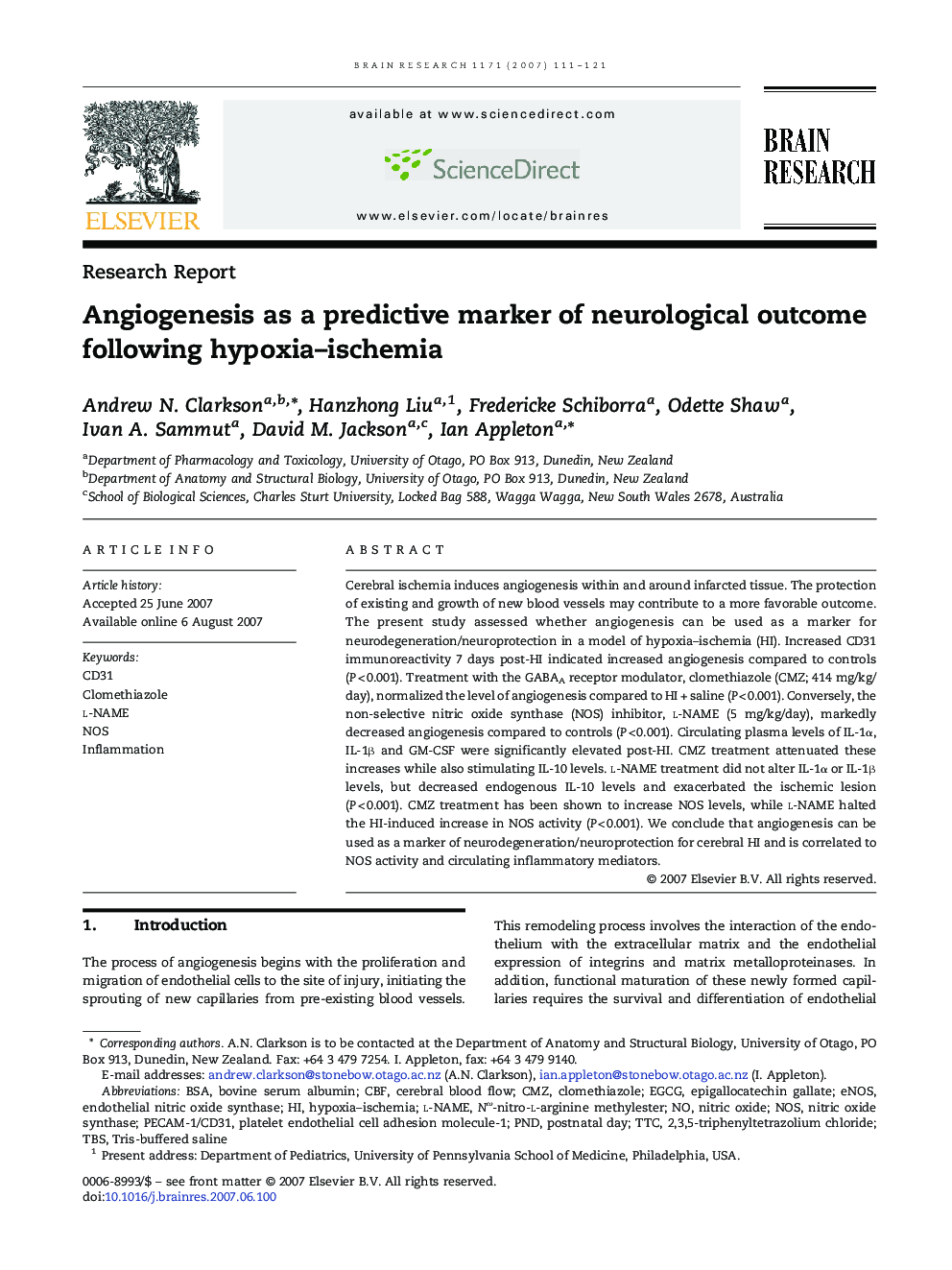 Angiogenesis as a predictive marker of neurological outcome following hypoxia–ischemia